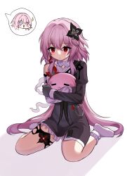  2girls black_dress black_flower black_gloves chibi chibi_inset closed_mouth crossed_arms dress earrings evernight_(honkai:_star_rail) flower full_body gloves hair_flower hair_intakes hair_ornament heamil178211 highres honkai:_star_rail honkai_(series) hug jewelry light_blush long_hair looking_down march_7th_(honkai:_star_rail) multiple_girls no_shoes pink_hair red_eyes sidelocks simple_background single_earring sitting socks solo_focus very_long_hair wariza white_background white_socks 