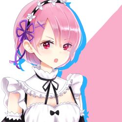  1girl :o akane_(akane112234) bare_shoulders black_dress black_hairband black_ribbon commentary_request dress drop_shadow hair_ornament hair_ribbon hairband looking_at_viewer maid neck_ribbon open_mouth pink_background pink_hair portrait purple_ribbon ram_(re:zero) re:zero_kara_hajimeru_isekai_seikatsu red_eyes ribbon roswaal_mansion_maid_uniform short_hair solo two-tone_background white_background x_hair_ornament 