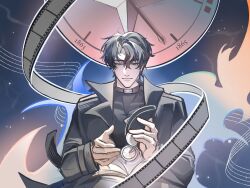  1boy :| belt_collar black_coat black_eyes black_hair black_shirt book burning closed_mouth coat collar compass crossed_bangs double-parted_bangs expressionless film_reel fire hair_between_eyes hands_up highres looking_at_viewer male_focus musical_staff night omniscient_reader's_viewpoint open_book open_clothes open_coat pocket_watch popped_collar shirt short_hair sky solo star_(sky) starry_sky upper_body watch yoo_joonghyuk yuyuuuu_owo 