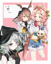  3girls :t absurdres ahoge animal animal_ear_fluff animal_ears arknights bare_shoulders black_shirt blush boutonniere brown_hair brown_hat caper_(arknights) chinese_commentary commentary_request fang flower goggles goggles_around_neck hat headphones headphones_around_neck highres holding holding_animal hood hood_up multiple_girls open_mouth pink_background pink_hair pointy_ears rabbit_ears rabbit_girl request_inset rose_salt_(arknights) sakuratani_hane shirt short_hair simple_background sleeveless sleeveless_shirt snake_tail tail tomimi_(arknights) white_flower white_shirt 