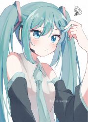  1girl adjusting_hair aqua_hair aqua_nails aqua_necktie blue_eyes blush collared_shirt commentary_request detached_sleeves double-parted_bangs hair_between_eyes hatsune_miku headphones headset highres long_hair mani_(manidrawings) nail_polish necktie shirt sidelocks simple_background sleeveless sleeveless_shirt solo squiggle twintails twitter_username upper_body vocaloid white_background white_shirt 