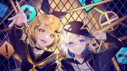  2girls :d :q akikuriii amane_kanata bat_hair_ornament black_bow black_choker black_hairband black_hat black_sailor_collar black_shirt blonde_hair blue_hair bow bow_hairband chain-link_fence choker commentary_request fangs fence grey_hair hair_ornament hairband hat hololive looking_at_viewer multiple_girls neckerchief rettou_joutou_(vocaloid) sailor_collar shirt single_hair_intake smile star_(symbol) star_choker teeth tongue tongue_out upper_teeth_only violet_eyes yellow_neckerchief yozora_mel 