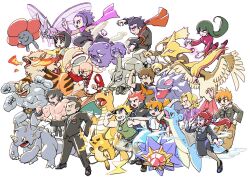 6+boys 6+girls adjusting_eyewear agatha_(pokemon) ahoge alakazam aqua_eyes arcanine arm_up bald belt black_cape black_dress black_eyes black_hair black_jacket black_pants black_shirt black_shoes black_suit blaine_(pokemon) blonde_hair blue-framed_eyewear blue_oak boots breast_pocket breath_weapon breathing_fire brock_(pokemon) brown_belt brown_hair brown_pants bruno_(pokemon) camouflage camouflage_pants cape claws clenched_hand clenched_hands closed_eyes closed_mouth collared_shirt commentary_request dog_tags dragonite dress electricity erika_(pokemon) everyone extra_arms eyelashes facial_hair fangs fire gengar giovanni_(pokemon) gloves green_hair green_tank_top grey_jacket grin hairband hand_on_own_hip hat holding holding_spoon holding_unworn_clothes holding_unworn_hat jacket janine_(pokemon) japanese_clothes kimono koga_(pokemon) lance_(pokemon) lorelei_(pokemon) lt._surge machamp mature_male midriff misty_(pokemon) multiple_boys multiple_girls muscular muscular_male mustache ninja old old_woman one_eye_closed onix open_clothes open_jacket open_mouth orange_hair outstretched_arm pants pidgeot pink_boots pink_eyes pink_scarf pocket poke_ball poke_ball_(basic) pokemon pokemon:_let's_go_pikachu!_and_let's_go_eevee! pokemon_(creature) pokemon_firered_and_leafgreen pokemon_heartgold_and_soulsilver pokemon_red/green/blue/yellow ponytail print_kimono purple_hair purple_jacket raichu red_eyes red_hair red_hairband red_scarf red_shirt rhydon sabrina_(pokemon) scarf shirt shoes short_hair short_sleeves side_ponytail simple_background sleeveless smile spiky_hair spoon standing starmie suit suit_jacket sunglasses tank_top team_rocket team_rocket_uniform teeth telekinesis thanks_0u0 thick_eyebrows tongue tongue_out topless_mall unworn_hat unworn_headwear venomoth vest vileplume violet_eyes weezing white_background white_gloves white_hat white_shirt white_vest 
