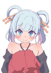  1girl black_kimono blue_eyes chibi_yachiyo cho_kaguya-hime! collarbone colored_inner_hair commentary_request hair_ornament hair_rings hair_stick hatafuta japanese_clothes kimono looking_at_viewer medium_hair multicolored_hair off_shoulder pink_hair runami_yachiyo short_twintails simple_background solo twintails white_background white_hair 
