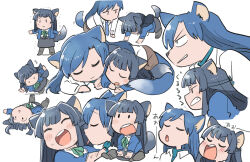 2girls :d ^_^ animal_ears animal_nose black_hair blue_hair blue_necktie blue_shirt blush_stickers clenched_teeth closed_eyes commentary_request fox_ears fox_girl fox_tail furry furry_female idolmaster idolmaster_(classic) idolmaster_million_live! kisaragi_chihaya long_hair mogami_shizuka multiple_girls multiple_views necktie open_mouth shirt simple_background smile snout standing tail teeth tripping tsubobot white_background white_shirt 