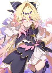  absurdres antenna_hair black_capelet black_dress blonde_hair brooch capelet cure_arcana_shadow diamond_hairband dress frilled_capelet frilled_cuffs frills glove_ribbon gradient_hair heart heart_brooch highres impossible_hair jewelry long_hair looking_at_viewer magical_girl meitantei_precure! moria_luluka multicolored_hair open_mouth pink_hair precure purple_nails purple_thighhighs purple_veil smile tanghulu_(bbbb1123112) thigh-highs veil very_long_hair waving zettai_ryouiki 