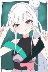  1girl absurdres blue_eyes blue_nails blush cho_kaguya-hime! closed_mouth commentary_request double_v green_eyes highres long_hair nail_polish runami_yachiyo shiox side_ponytail solo upper_body v white_hair 