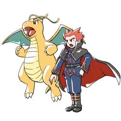  1boy belt black_belt black_boots black_cape blue_pants blue_shirt boots cape commentary_request dragon dragon_wings dragonite full_body lance_(pokemon) long_sleeves lower_teeth_only male_focus nostrils open_mouth pants pants_tucked_in pokemon pokemon_heartgold_and_soulsilver red_eyes red_hair shirt short_hair simple_background spiky_hair standing teeth thanks_0u0 white_background wings 