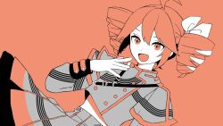  1girl ahoge buttons colored_eyebrows commentary_request drill_hair grey_shirt grey_skirt hair_ribbon hand_up highres kasane_teto kasane_teto_(sv) long_sleeves midriff_peek no_teeth ojou-sama_pose open_mouth parted_bangs red_background red_eyes red_theme ribbon shi_rushi shirt shoulder_belt skirt smile solo striped_clothes twin_drills utau vertical-striped_clothes white_ribbon 