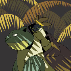  black_eyes blastoise closed_mouth grey_background looking_ahead no_humans oddish open_mouth palm_leaf pokemon pokemon_(creature) saboteri_(savot) 
