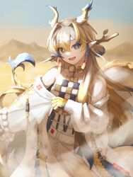  1girl arknights armpit_crease bare_shoulders bead_necklace beads blush breasts brooch collarbone colored_inner_hair commentary_request day dragon_girl dragon_horns dragon_tail earrings eastern_dragon_horns eastern_dragon_tail grey_eyes hair_between_eyes hair_intakes highres horns jewelry long_hair long_sleeves multicolored_hair necklace off_shoulder open_mouth outdoors pointy_ears pon2023 shu_(arknights) small_breasts smile solo tail tassel tassel_earrings upper_body 