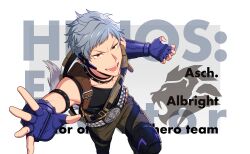  1boy asch_albright belt blue_gloves copyright_name fingerless_gloves gloves grey_hair headset helios_rising_heroes highres idol looking_at_viewer male_focus official_art open_mouth orange_eyes pants shirt smile solo spikes 