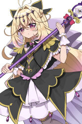 1girl absurdres antenna_hair black_bow black_dress black_necktie blonde_hair blush bow braid brooch chinami_ura closed_mouth commentary_request cure_arcana_shadow dress earrings gradient_hair hair_between_eyes hair_intakes hair_ornament half_up_braid heart heart_brooch highres holding holding_rod jewelry long_hair looking_at_viewer magical_girl meitantei_precure! moria_luluka multicolored_hair necktie pink_eyes pink_hair precure purple_veil rod simple_background smile solo tear_arcana_rod veil wand white_background