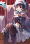  1girl absurdres black_hair blurry blurry_background boots breasts capelet cup curtains drinking genshin_impact hair_ornament highres long_hair medium_breasts open_mouth pantyhose pomegranate_nana red_eyes sitting solo teacup yun_jin_(genshin_impact) 