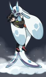  1boy 1girl black_hair black_hat black_jacket black_pants blue_eyes blue_gem colored_sclera froslass full_body gem grey_background hat highres himurohiromu ice_horns jacket japanese_clothes kimono looking_at_another mega_froslass mega_pokemon pants paxton_(pokemon) pokemon pokemon_(creature) pokemon_legends:_z-a red_sash red_shoes sash shoes short_hair simple_background standing white_hair white_kimono yellow_sclera 