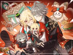  2boys ;p alhaitham_(genshin_impact) alhaitham_(kfc)_(genshin_impact) antenna_hair aranara_(genshin_impact) black_bow black_bowtie black_coat black_corset black_gloves black_vest blonde_hair blush bottle bow bowtie burger cape character_doll closed_mouth coat collared_coat collared_shirt commentary_request corset detached_collar doll earrings english_text eyelashes fast_food food french_fries frilled_shirt_collar frilled_sleeves frills genshin_impact gloves gold_earrings gold_ring green_eyes green_hair grey_hair hair_between_eyes hand_chains highres holding holding_doll hug hug_from_behind jewelry kaveh_(genshin_impact) kaveh_(kfc)_(genshin_impact) kfc lapels lettuce long_hair long_sleeves looking_at_viewer male_focus mehrak_(genshin_impact) multicolored_hair multiple_boys multiple_rings official_alternate_costume one_eye_closed onion_rings open_clothes open_coat orangezhaoze parted_bangs partially_fingerless_gloves red_background red_cape red_eyes ring shirt short_hair smile swept_bangs tongue tongue_out vest watermark white_shirt 