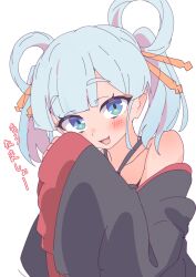 1girl :3 black_kimono blue_eyes blush chibi_yachiyo cho_kaguya-hime! colored_inner_hair commentary hair_ornament hair_rings hair_stick hatafuta japanese_clothes kimono long_sleeves looking_at_viewer medium_hair multicolored_hair off_shoulder open_mouth pink_hair runami_yachiyo short_twintails simple_background solo translation_request twintails white_background 