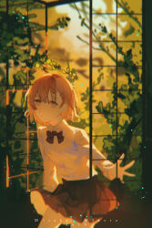  1girl against_glass black_skirt bow bowtie branch brown_eyes brown_hair character_name chinese_commentary closed_mouth collared_shirt commentary_request dated hand_on_glass highres looking_at_viewer misaka_mikoto pleated_skirt red_bow red_bowtie shirt short_hair skirt solo toaru_kagaku_no_railgun toaru_majutsu_no_index tree white_shirt youlili 