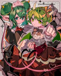  2girls absurdres alternate_costume apron black_dress blush bow bowtie brown_skirt commentary double_bun draco_centauros dragon_girl dragon_horns dragon_tail dragon_wings dress fang frills green_eyes green_hair green_tail green_wings hair_bun highres horns lidelle_(puyopuyo) long_sleeves looking_at_viewer maid maid_apron maid_headdress merumerumerume multiple_girls open_mouth pointy_ears puyopuyo red_bow ribbon shirt short_hair skirt sleeves_past_fingers sleeves_past_wrists tail untranslatable_commentary white_apron white_shirt wings yellow_horns 