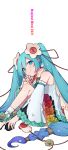  1girl absurdres blue_eyes blue_hair bright_pupils closed_mouth commentary detached_sleeves dress eyebrows_visible_through_hair flower green_flower hair_flower hair_ornament hair_ribbon hatsune_miku highres long_hair long_sleeves looking_at_viewer low-tied_long_hair magical_mirai_(vocaloid) making-of_available odd_(miyoru) orange_flower purple_flower red_flower red_ribbon ribbon simple_background sitting sleeveless sleeveless_dress smile socks solo twintails very_long_hair vocaloid white_background white_dress white_flower white_legwear white_pupils white_sleeves yellow_flower 