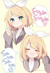  1girl :3 :d adjusting_hair black_sailor_collar blonde_hair blue_eyes blush bow closed_eyes commentary_request detached_sleeves hair_bow hair_ornament hairclip headphones headset heart highres kagamine_rin looking_at_viewer mani_(manidrawings) medium_hair multiple_views music nail_polish open_mouth parallel_hairclips parted_bangs portrait sailor_collar sidelocks simple_background singing smile speech_bubble spoken_heart spoken_star star_(symbol) treble_clef twitter_username vocaloid white_bow yellow_background yellow_nails 