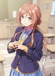  1girl blazer blue_eyes blue_jacket blue_ribbon blue_skirt blush brown_hair classroom commentary_request desk fingernails gakuen_idolmaster hatsuboshi_gakuen_school_uniform hida_tatsuo highres himesaki_rinami idolmaster indoors interlocked_fingers jacket long_hair long_sleeves looking_at_viewer neck_ribbon own_hands_together pleated_skirt ribbon school_desk school_uniform shirt skirt sliding_doors smile solo sweater white_shirt yellow_sweater 