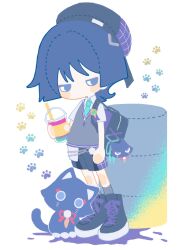  1boy animalization aqua_gem aqua_necktie arm_at_side backpack bag beret black_bag black_cat black_eyes black_hair black_hat black_shoes black_shorts blunt_ends blush_stickers cat chain choppy_bangs circle_hands collared_shirt contemporary cross-laced_shoes cup disposable_cup drinking_straw drum_(container) eyeliner full_body gem genshin_impact grey_sweater_vest hand_up hat highres jitome kingyo_(nyankomanjyuu15) looking_at_viewer makeup male_focus necktie o-ring official_alternate_costume paw_print person_and_animalization pom_pom_(clothes) purple_trim red_eyeliner scaramouche_(cat)_(genshin_impact) scaramouche_(genshin_impact) school_uniform shirt shoes shorts sneakers solo standing sweater_vest undershirt vision_(genshin_impact) wanderer_(genshin_impact) wanderer_(mega_mgc_coffee)_(genshin_impact) white_background white_shirt white_trim wing_collar 