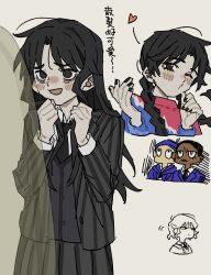  black_hair black_nails black_suit black_vest blowing_kiss blush braid chibi chinese_text cowboy_shot dark_skin enid_sinclair excited heart highres long_hair multiple_boys multiple_girls necktie nevermore_academy_school_uniform one_eye_closed personality_switch school_uniform simple_background smile suit sweater the_addams_family twin_braids upper_body vest wednesday_(netflix) wednesday_addams yang_miemie_benti 