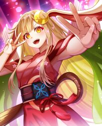  1girl animal_ears blonde_hair breasts brown_eyes cho_kaguya-hime! clothing_cutout commentary_request crescent crescent_hair_ornament double_v fang hair_ornament highres japanese_clothes kaguya_(cho_kaguya-hime!) kimono long_hair looking_at_viewer medium_breasts open_mouth rabbit_ears rabbit_girl red_kimono saku_(x777x) shoulder_cutout sidelocks solo teeth upper_teeth_only v 