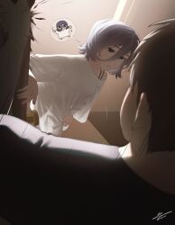  1boy 1girl absurdres angel_martinez baggy_clothes blush bob_cut bra_strap clinical_trial_(game) door genderswap genderswap_(otf) highres lee_smith see-through_silhouette shirt speech_bubble sseung_e t-shirt 