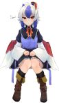  1girl absurdres ahoge black_legwear blue_hair boots feathered_wings full_body furrowed_brow gunsou1350 head_wings highres horns kneehighs knees_together_feet_apart light_blush light_frown long_sleeves looking_at_viewer multicolored_hair red_eyes short_hair silver_hair simple_background sitting solo tokiko_(touhou) touhou two-tone_hair white_background wide_sleeves wings 