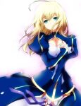  1girl ahoge artoria_pendragon_(all) bangs blonde_hair blue_dress blue_eyes braid breasts dated dress eyebrows_visible_through_hair fate/stay_night fate_(series) french_braid hair_bun highres juliet_sleeves long_sleeves looking_at_viewer parted_lips puffy_sleeves punimuchi saber sidelocks small_breasts solo 