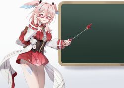  1girl bag black_necktie black_ribbon blue_wings breasts chinese_commentary collar commentary detached_collar detached_sleeves dress genshin_impact glasses hair_intakes hair_ornament hair_ribbon hairclip head_wings heart heart_in_eye highres holding ling_huanxiang linnea_(genshin_impact) long_sleeves looking_at_viewer medium_hair necktie open_mouth pink_eyes pink_hair pink_wings red-framed_eyewear red_bag red_collar red_dress red_ribbon ribbon smile solo symbol_in_eye thigh_marking thighs white_sleeves wing_hair_ornament wings 