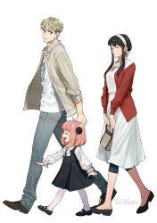  1boy 2girls absurdres ahoge anya_(spy_x_family) bag black_dress black_hair black_pants black_shoes blonde_hair blue_eyes breasts brown_jacket brown_shoes child closed_eyes closed_mouth commentary_request denim dress earrings full_body hairband hairpods highres holding holding_bag jacket jeans jewelry long_dress long_hair mary_janes medium_breasts medium_hair multiple_girls open_mouth p_notninjin pants pink_hair print_shirt red_jacket shirt shirt_under_dress shoes short_hair sidelocks sleeves_rolled_up smile spy_x_family twilight_(spy_x_family) twitter_username updo walking white_background white_dress white_hairband white_shirt yor_briar 
