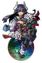  1girl ankle_boots black_boots black_thighhighs blue_hair boots closed_mouth earrings folding_fan gold_trim hand_fan harakawa_mitsuhiro holding holding_fan holding_scroll horns japanese_clothes jewelry kimono light_smile long_hair multicolored_boots official_art orb pointy_ears purple_boots scroll shinrabanshou sitting skirt solo suiseiten_mihoshi thigh-highs third-party_source transparent_background violet_eyes white_boots white_horns white_skirt 