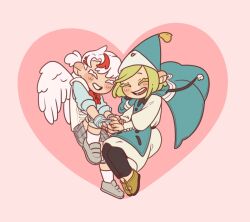  2girls angel_wings blue_gloves blue_hat blue_shirt blush bow bowtie bulletproof_vest closed_eyes coco_(tongari_boushi_no_atelier) crossover dress feathered_wings fingerless_gloves gloves green_hair green_shoes grey_dress grin hair_ornament hairclip hat hat_tassel heart highres holding_hands knee_pads koharu_(love-bullet) love-bullet multicolored_hair multiple_girls pink_background qifrey's_atelier_apprentice_uniform red_bow red_bowtie red_hair shirt shoes short_dress short_hair simple_background smile streaked_hair tongari_boushi_no_atelier vandoesart white_dress white_hair wings 