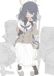  1girl absurdres black_hair blue_archive blue_hairband blue_neckerchief blush book book_stack brown_cardigan cardigan chair closed_eyes commentary_request crossed_bangs facing_viewer hair_between_eyes hairband halo hand_to_own_mouth highres jewelry long_hair long_sleeves neckerchief necklace off_shoulder on_chair open_mouth round_eyewear sailor_collar simple_background sitting skirt sleeves_past_wrists slippers solo ui_(blue_archive) white_background white_sailor_collar white_skirt yoru_uyo 