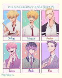  29o52413 6+boys :p animal_ears aqua_eyes black_eyes black_hair blonde_hair braid braided_ponytail brothers cat_ears cat_tail chopsticks collared_shirt colored_eyelashes dog_ears dragon_tattoo ear_piercing earrings eating empty_eyes green_eyes green_suit hair_between_eyes haitani_ran haitani_rindou hanagaki_takemichi head_tattoo highres holding holding_chopsticks instant_noodles instant_soba jewelry leopard_ears leopard_tail long_hair long_sleeves looking_at_viewer male_focus matsuno_chifuyu medium_hair multicolored_hair multiple_boys multiple_drawing_challenge neck_tattoo necktie open_mouth piercing pill pill_in_mouth pink_hair pink_necktie purple_necktie purple_suit purple_vest rabbit_ears red_necktie ring ryuuguuji_ken sanzu_haruchiyo scar scar_on_face scar_on_mouth school_uniform shirt short_hair siblings single_braid single_earring six_fanarts_challenge smile straight_hair streaked_hair striped_clothes striped_necktie suit tail tattoo tokyo_revengers tongue tongue_out two-tone_hair upper_body v vest violet_eyes white_shirt wolf_cut wolf_ears wolf_tail 