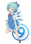  1girl bangs blue_bow blue_dress blue_eyes blue_hair blue_legwear blue_shirt blush bow bowtie brown_footwear cirno collar collared_shirt dress eyebrows_visible_through_hair hair_between_eyes highres ice ice_wings leg_up looking_at_viewer noboritoro open_mouth puffy_short_sleeves puffy_sleeves red_bow red_bowtie shadow shirt shoes short_hair short_sleeves simple_background smile socks solo standing standing_on_one_leg teeth tongue touhou white_background wings 
