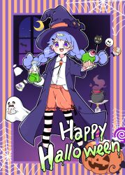  1girl :d akane_(akane112234) blue_hair blush_stickers boots braid coat collared_shirt commentary_request cupcake dot_nose flask food full_body halloween hat highres holding holding_flask holding_food jack-o'-lantern layered_sleeves long_hair long_sleeves looking_at_viewer monocle open_clothes open_coat open_mouth orange_shorts original outline purple_background purple_boots purple_coat purple_hat shirt shorts silk smile solo spider_web standing twin_braids violet_eyes white_outline white_shirt witch_hat 