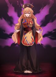  1girl barefoot black_dress black_hat black_nails blonde_hair breasts chinese_clothes commentary crescent_print dalachi_(headdress) dress energy energy_tail feet fox_tail full_body hair_between_eyes hat highres jager junko_(touhou) large_breasts long_hair long_sleeves looking_at_viewer multiple_tails nail_polish neck_ribbon open_mouth phoenix_print red_eyes red_tabard ribbon smile solo tabard tail toenail_polish toenails toes touhou very_long_hair wide_sleeves yellow_ribbon 