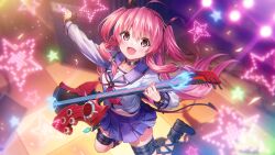  1girl :d ahoge angel_beats! ankle_lace-up black_boots black_choker black_ribbon blue_sailor_collar blue_skirt blurry blurry_background blush boots choker collarbone demon_tail electric_guitar eyelashes eyes_visible_through_hair fang floating_hair guitar hair_between_eyes hair_ribbon hand_up happy heaven_burns_red highres holding holding_guitar holding_instrument holding_plectrum instrument jumping key_(company) knees_out_of_frame long_hair long_sleeves looking_at_viewer midriff midriff_peek miniskirt neckerchief official_art open_mouth outstretched_arm pink_eyes pink_hair pink_neckerchief pixel_star pleated_skirt plectrum ribbon sailor_collar school_uniform serafuku shinda_sekai_sensen_uniform shirt sidelocks skirt smile solo stage star_(symbol) tail thigh_strap third-party_source two_side_up very_long_hair white_shirt yui_(angel_beats!) 