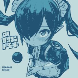  1girl apron backbeako_(torotei) backbeard blue_theme blush breasts commentary dated dated_commentary dress enmaided frills gegege_no_kitarou gloves hair_over_one_eye kono_lolicon_domome leaning_forward long_hair looking_at_viewer maid maid_apron maid_headdress monochrome one_eye_closed original own_hands_together paid_reward_available parted_lips pointy_ears puffy_short_sleeves puffy_sleeves ringed_eyes short_sleeves simple_background small_breasts solo torotei translated twintails very_long_hair web_address 