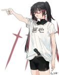  1girl :o bangs black_hair black_shorts casual glasses highres index_finger_raised knife long_hair lucia_(punishing:_gray_raven) nin_(lion) open_mouth pointing punishing:_gray_raven red_eyes shirt short_sleeves shorts simple_background sketch solo twintails white_background white_shirt 