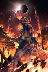  1boy blonde_hair building commentary cowboy_shot eclipse english_commentary fire from_side hair_between_eyes highres holding holding_sword holding_weapon horns kamui:_aeternion_(pgr) kamui_(pgr) kuro_lee looking_at_viewer male_focus mechabare mechanical_arms mechanical_legs open_hand orange_eyes parted_lips punishing:_gray_raven reaching reaching_towards_viewer ruins short_hair single_horn smile solo standing sword turning_head weapon 
