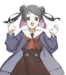  1girl :d blue_cardigan breasts brown_dress cardigan claw_pose colored_inner_hair commentary cowboy_shot double_bun dress fang grey_eyes hair_bun hasu_no_sora_school_uniform highres link!_like!_love_live! long_sleeves looking_at_viewer love_live! medium_breasts multicolored_hair neckerchief open_mouth pink_hair pleated_dress red_neckerchief sailor_collar sailor_dress school_uniform shirin_mion simple_background smile solo two_side_up white_background white_sailor_collar winter_uniform zen66574227 
