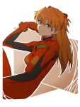  1girl :3 bangs blue_eyes bodysuit border breasts closed_mouth cowboy_shot eyebrows_visible_through_hair hair_between_eyes hair_ornament hand_on_own_face highres long_hair looking_at_viewer neon_genesis_evangelion orange_hair outline plugsuit psylduck red_bodysuit simple_background sitting small_breasts solo souryuu_asuka_langley tied_hair white_border white_outline 