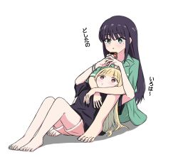  2girls barefoot black_hair blonde_hair blush bracelet cellphone cho_kaguya-hime! commentary_request dekke_hayabusa green_eyes green_pajamas highres holding holding_phone jewelry kaguya_(cho_kaguya-hime!) long_hair mole mole_under_eye multiple_girls pajamas parted_lips phone pink_shorts red_eyes sakayori_iroha short_sleeves shorts sitting sitting_between_legs translated white_background yuri 