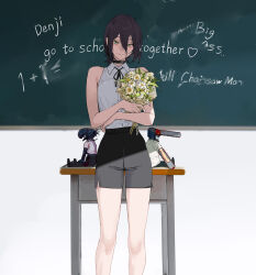  1girl bare_arms bare_shoulders black_choker black_ribbon black_shorts bouquet breasts chainsaw_man chalkboard character_doll chinese_commentary choker closed_mouth commentary_request denji_(chainsaw_man) desk doll feet_out_of_frame green_eyes grenade_pin hair_between_eyes high-waist_shorts highres holding holding_bouquet long_hair_between_eyes looking_at_viewer medium_breasts neck_ribbon purple_hair reze_(chainsaw_man) ribbon school_desk shiliu_xian_xian_xian shirt shirt_tucked_in short_hair shorts sleeveless sleeveless_shirt solo 
