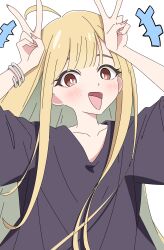  1girl absurdres ahoge arms_up black_shirt blonde_hair blush bracelet brown_eyes cho_kaguya-hime! commentary double_v highres jewelry kaguya_(cho_kaguya-hime!) long_hair looking_at_viewer open_mouth shiox shirt sidelocks simple_background solo upper_body v white_background 